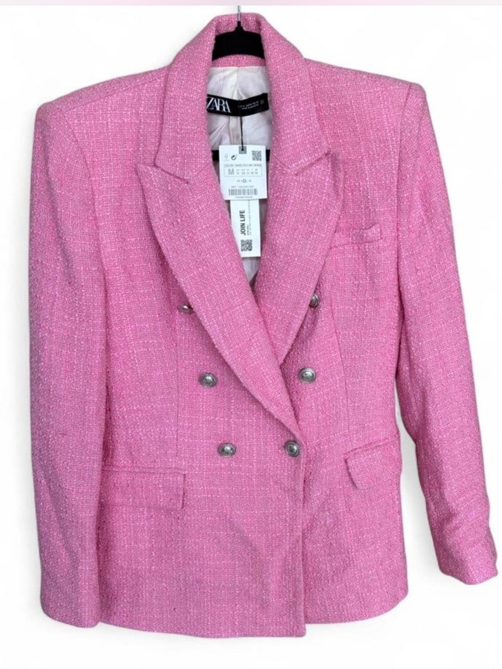 Zara Pink Double-Breasted Tweed Blazer